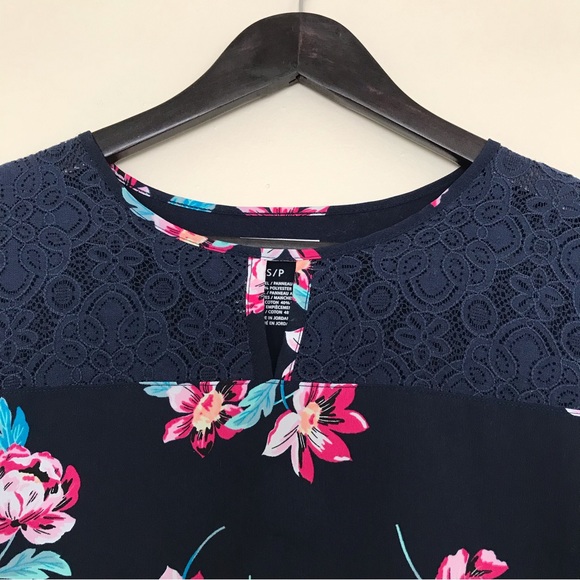 Van Heusen Navy Blue Floral Top | Feminine Lace Neck - Picture 3 of 8